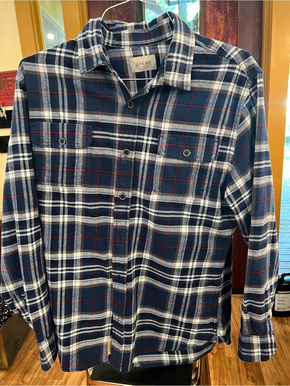 Jachs Blue Plaid Button-Down Shirt with White and Red Accents